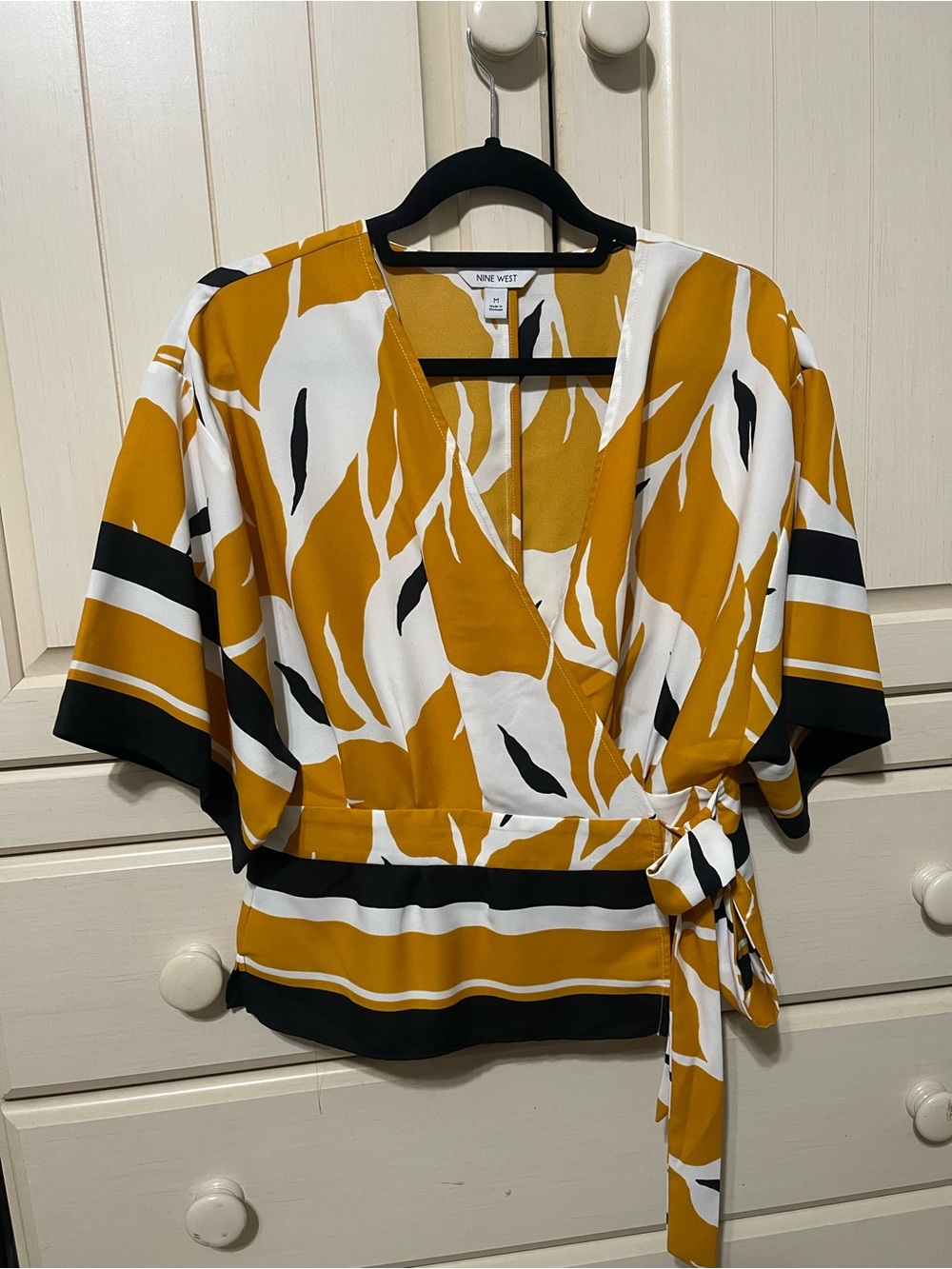 Nine West Mustard, White & Black Wrap Top with Bold Abstract Stripes